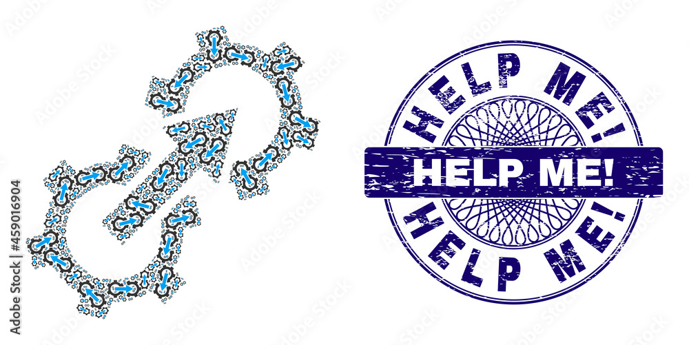 Recursion collage gear integration and Help Me! round textured stamp ...