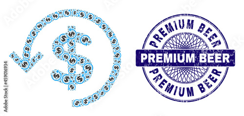 Recursive combination refund and Premium Beer round rubber stamp seal. Blue stamp seal includes Premium Beer text inside circle and guilloche decoration.
