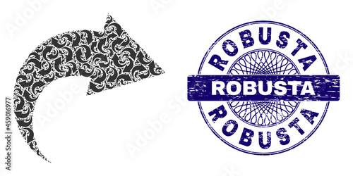 Recursive mosaic redo and Robusta round grunge stamp seal. Violet stamp seal includes Robusta text inside circle and guilloche structure. Vector collage is organized with scattered rotated redo items.