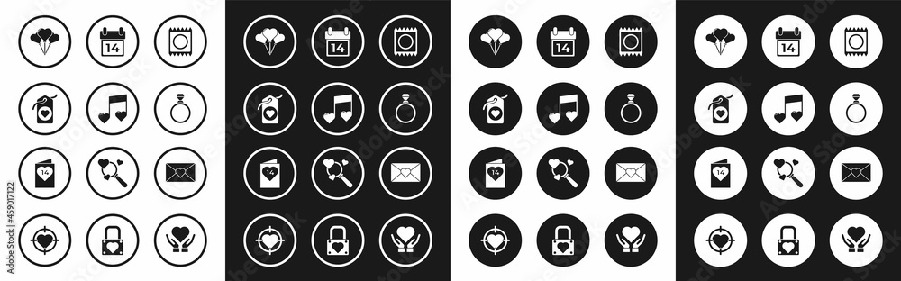 Set Condom in package, Music note, tone with hearts, Heart tag, Balloons form of, Diamond engagement ring, Calendar February 14, Envelope Valentine and Valentines day flyer icon. Vector Set Condom in package, Music note, tone with hearts, Heart tag, Balloons form of, Diamond engagement ring, Calendar February 14, Envelope Valentine and Valentines day flyer icon. Vector