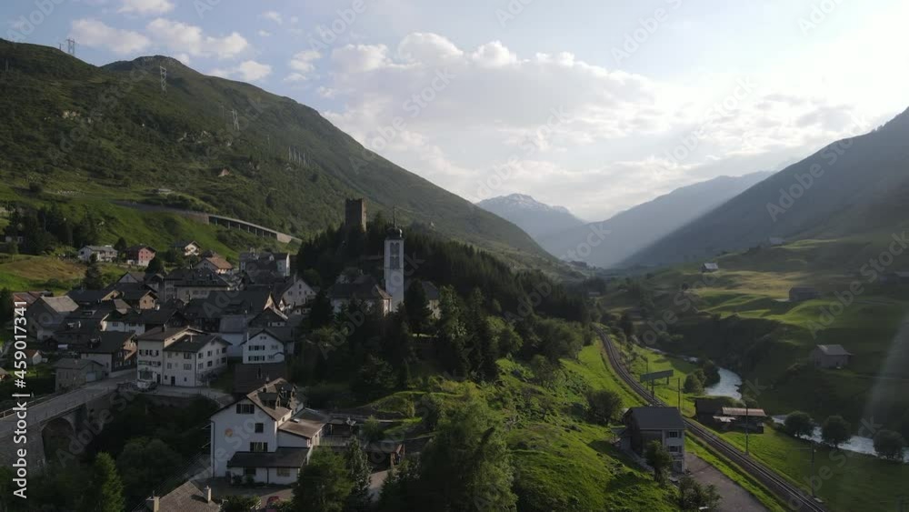 beautiful Swiss town in the alps from the air beautiful Swiss town in the alps from the air