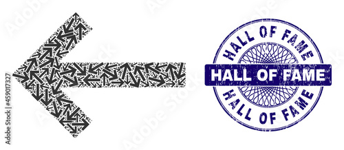 Recursive mosaic left arrow and Hall of Fame round corroded stamp seal. Blue stamp seal includes Hall of Fame caption inside circle and guilloche pattern.