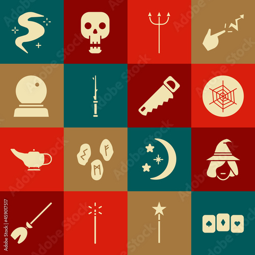 Set Playing cards, Witch, Spider web, Neptune Trident, Magic wand, ball, fog or smoke and Hand saw icon. Vector