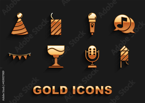 Set Cocktail, Musical note in speech bubble, Firework rocket, Microphone, Carnival garland with flags, Party hat and icon. Vector