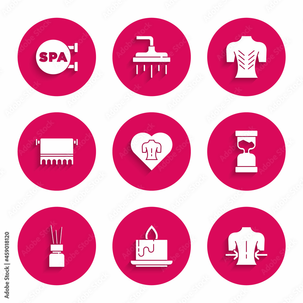 Set Massage, Aroma candle, Old hourglass, diffuser, Towel on hanger, and Spa salon icon. Vector Set Massage, Aroma candle, Old hourglass, diffuser, Towel on hanger, and Spa salon icon. Vector