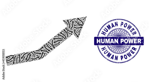 Fractal mosaic growth trend and Human Power round scratched stamp print. Blue stamp seal includes Human Power text inside circle and guilloche ornament.