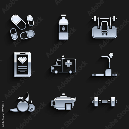 Set Ambulance and emergency car, Teapot with cup, Dumbbell, Treadmill machine, Fruit, Medical clipboard, Bench barbel and Vitamin pill icon. Vector
