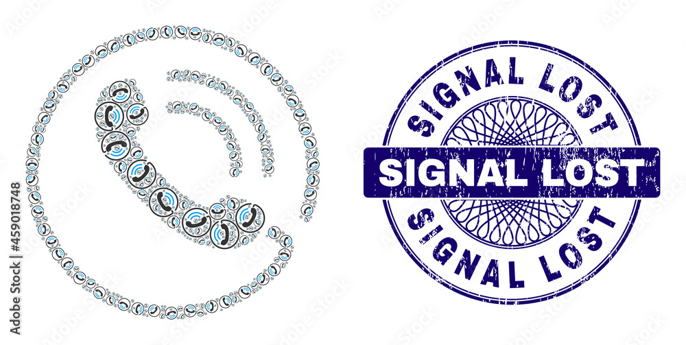 Recursive mosaic phone call and Signal Lost round grunge stamp imitation. Blue stamp seal includes Signal Lost title inside circle and guilloche ornament.