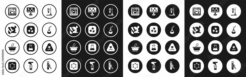 Set Test tube flask on fire, Bacteria, Gaseous, Chemical online, and, formula, Triangle warning toxic and Mortar pestle icon. Vector