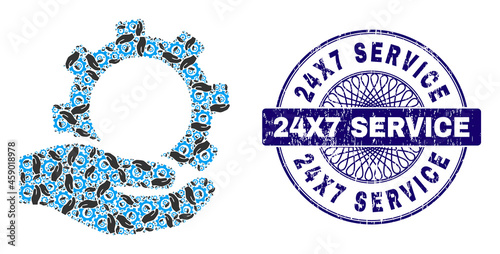 Recursive mosaic service and 24X7 Service round unclean stamp print. Blue stamp includes 24X7 Service title inside circle and guilloche technique.