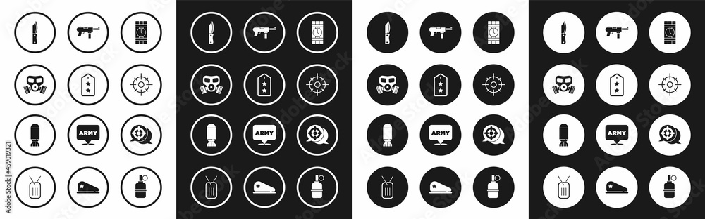 Set Dynamite and timer clock, Military rank, Gas mask, knife, Target sport, Submachine gun M3, and Aviation bomb icon. Vector Set Dynamite and timer clock, Military rank, Gas mask, knife, Target sport, Submachine gun M3, and Aviation bomb icon. Vector