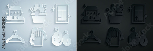 Set Cleaning service, for window, Hanger wardrobe, Garbage bag, Basin with soap suds and Home cleaning icon. Vector
