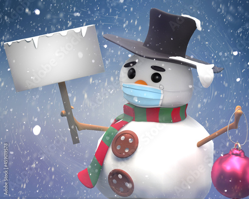 Christmas snowman holding a picket and  with face protection mask - 3D illustration