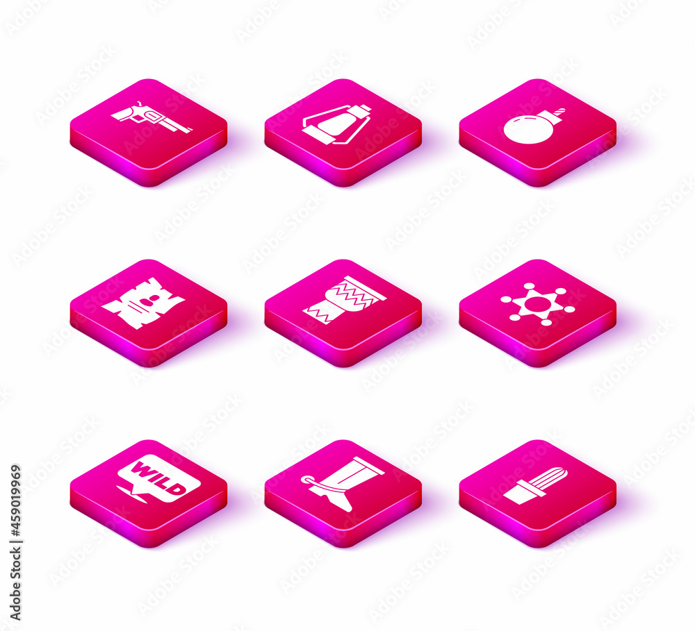 Set Pointer to wild west, Cowboy boot, Wanted western poster, Drum, Cactus peyote pot, Hexagram sheriff, Bomb ready explode and Camping lantern icon. Vector Set Pointer to wild west, Cowboy boot, Wanted western poster, Drum, Cactus peyote pot, Hexagram sheriff, Bomb ready explode and Camping lantern icon. Vector