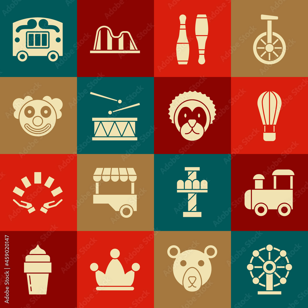 Naklejka premium Set Ferris wheel, Toy train, Hot air balloon, Bowling pin, Drum with drum sticks, Clown head, Circus wagon and Wild lion icon. Vector