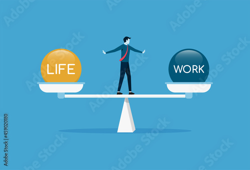 Businessman balancing work and life on scale vector illustration