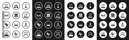 Set Shovel toy, Climbing wall, Boat swing, Swing, Basketball backboard, Attraction carousel, Rocket ship and Badminton shuttlecock icon. Vector