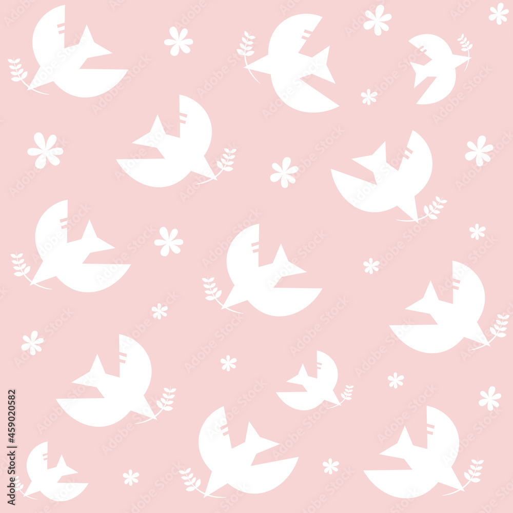 Fototapeta premium Seamless vector pattern. White birds in the style of minimalism with a twig in its beak. Scandinavian design. White and pink. Design for banner, fabric, paper, wallpaper, poster, postcard, invitation