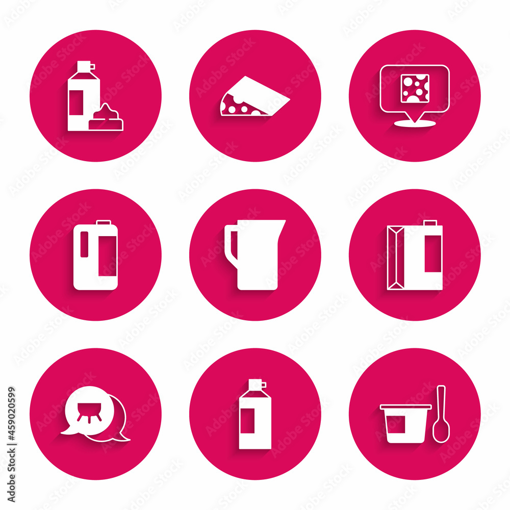 Set Milk jug or pitcher, Whipped cream in bottle, Yogurt container with spoon, Paper package for kefir, Udder, plastic, Cheese and icon. Vector Set Milk jug or pitcher, Whipped cream in bottle, Yogurt container with spoon, Paper package for kefir, Udder, plastic, Cheese and icon. Vector