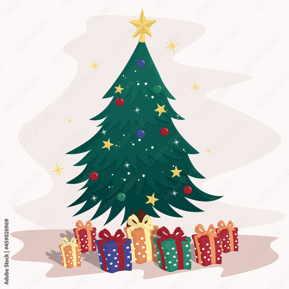 Hand drawn vintage christmas tree with gifts Stock Vector | Adobe Stock