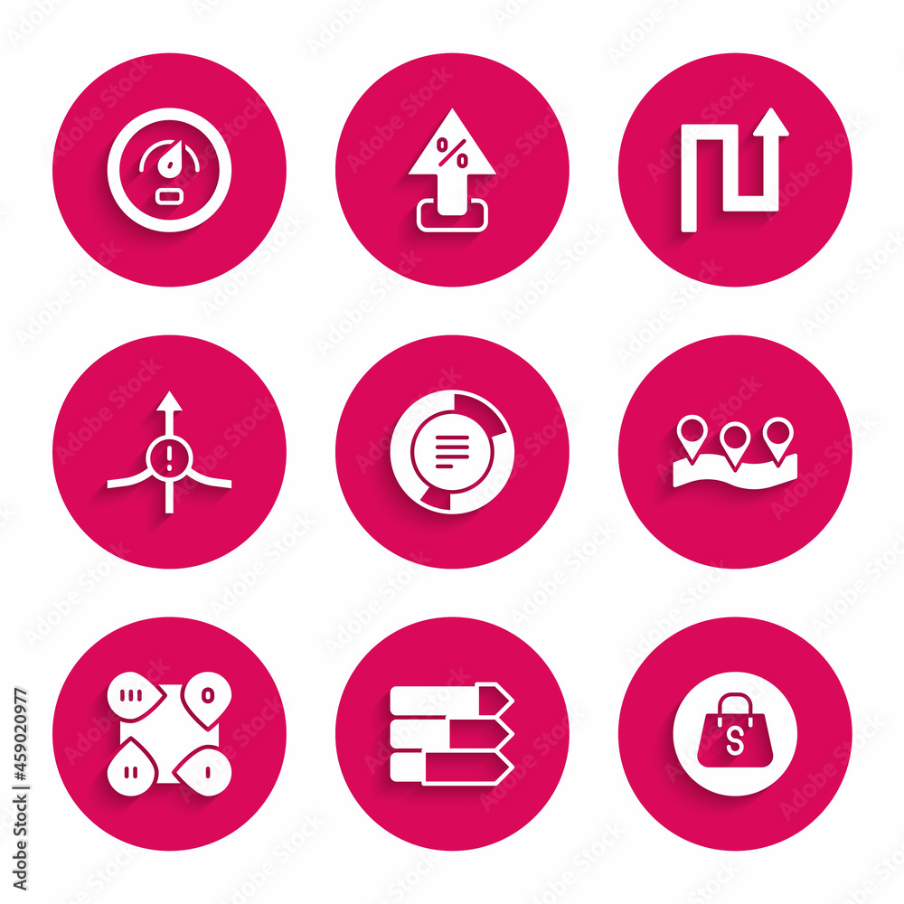 Set Pie chart infographic, Shopping bag with Sale, Location, Infographic element, Arrow, and Digital speed meter icon. Vector Set Pie chart infographic, Shopping bag with Sale, Location, Infographic element, Arrow, and Digital speed meter icon. Vector