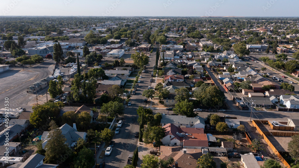 Sunset aerial view of the Central Valley city of Manteca, California, USA.