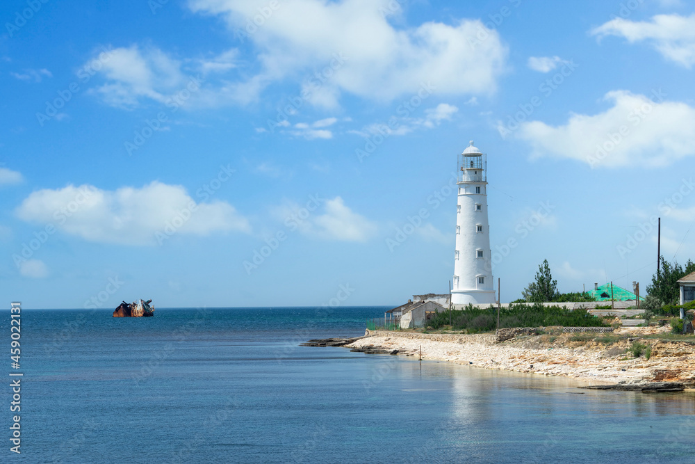 Seascape with a view of the white lighthouse