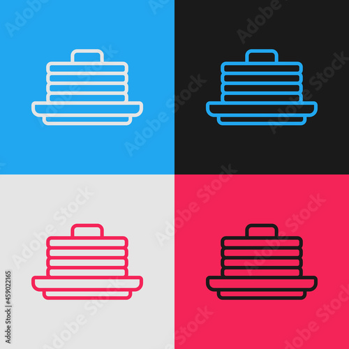 Pop art line Stack of pancakes icon isolated on color background. Baking with syrup and cherry. Breakfast concept. Vector