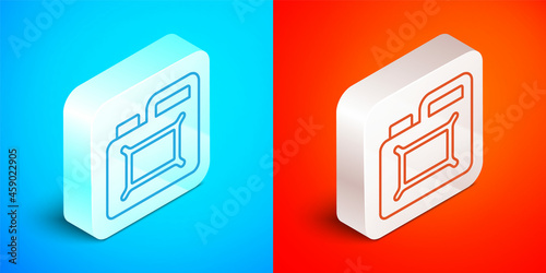 Isometric line Canister for motor machine oil icon isolated on blue and red background. Oil gallon. Oil change service and repair. Engine oil sign. Silver square button. Vector