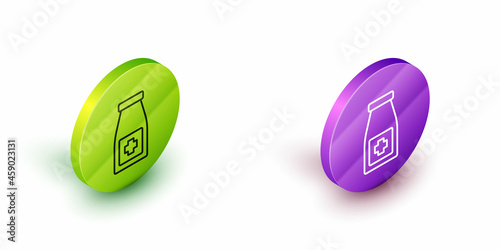 Isometric line Medicine bottle and pills icon isolated on white background. Bottle pill sign. Pharmacy design. Green and purple circle buttons. Vector