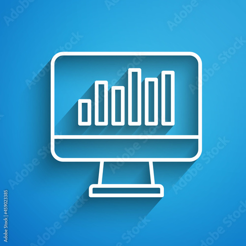 White line Computer monitor with graph chart icon isolated on blue background. Report text file icon. Accounting sign. Audit, analysis, planning. Long shadow. Vector