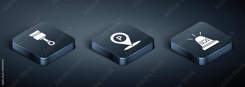 Set Isometric Engine piston, Flasher siren and Location with parking icon. Vector Set Isometric Engine piston, Flasher siren and Location with parking icon. Vector