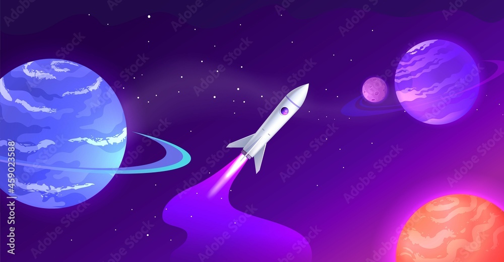 Space ship flying to discover new planets cartoon colorful vector illustration 