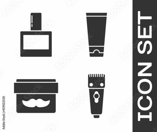 Set Electrical hair clipper or shaver, Aftershave, Cream or lotion cosmetic jar and Cream or lotion cosmetic tube icon. Vector