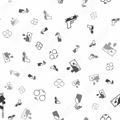 Set Pistol or gun, Cocktail molotov, Bloody money and Handcuffs on seamless pattern. Vector