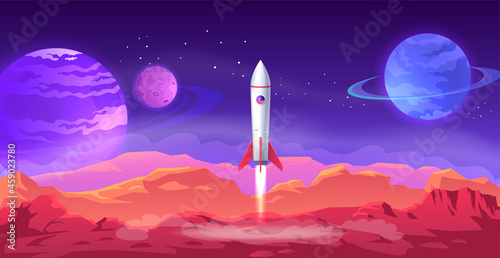 Fototapeta Naklejka Na Ścianę i Meble -  Space rocket launches from the surface of mars. Colorful space landscape illustration 