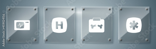 Set Emergency - Star of Life, X-ray shots with broken bone, Hospital signboard and Monitor cardiogram. Square glass panels. Vector