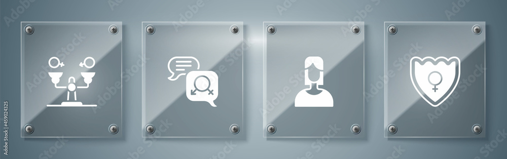 Set Gender shield, Female, equality and . Square glass panels. Vector Set Gender shield, Female, equality and . Square glass panels. Vector
