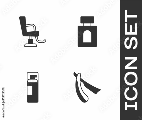 Set Straight razor, Barbershop chair, Shaving gel foam and Aftershave icon. Vector