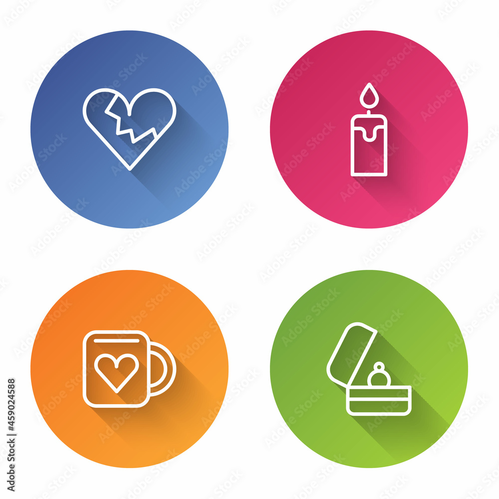 Set line Broken heart or divorce, Burning candle, Coffee cup and Wedding rings. Color circle button. Vector Set line Broken heart or divorce, Burning candle, Coffee cup and Wedding rings. Color circle button. Vector