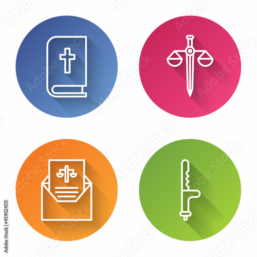 Set line Holy bible book, Scales of justice, Subpoena and Police rubber baton. Color circle button. Vector