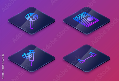 Wallpaper Mural Set Isometric line Virus under magnifying glass, Syringe and virus, Clipboard with blood test results and Safe distance. Blue square button. Vector Torontodigital.ca