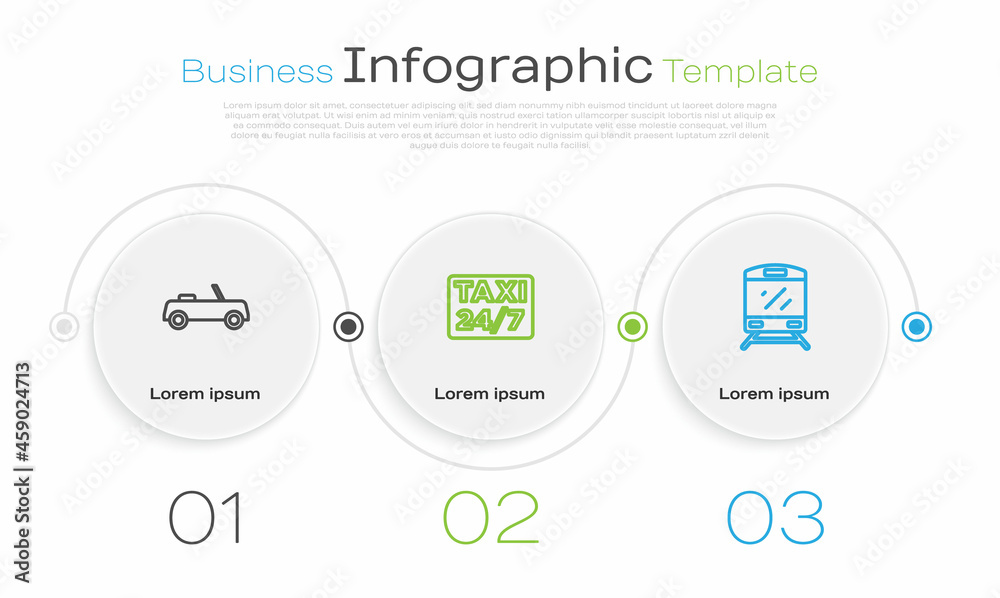 Set line Car, Location with taxi and Train. Business infographic template. Vector