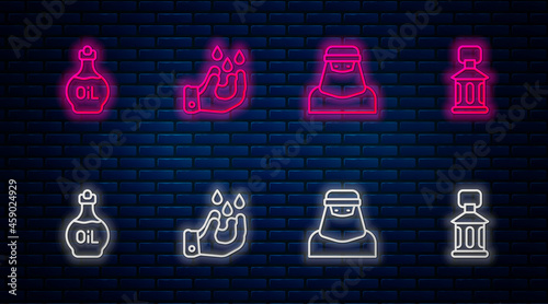 Set line Wudhu, Muslim woman in niqab, Essential oil bottle and Ramadan Kareem lantern. Glowing neon icon on brick wall. Vector