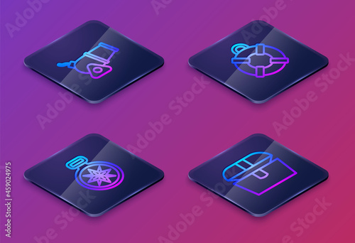 Wallpaper Mural Set Isometric line Cannon, Compass, Lifebuoy and Antique treasure chest. Blue square button. Vector Torontodigital.ca