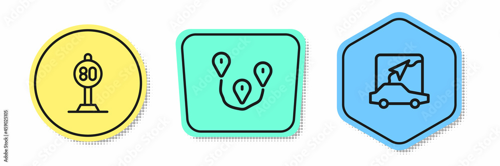 Set line Speed limit traffic, Route location and City map navigation. Colored shapes. Vector Set line Speed limit traffic, Route location and City map navigation. Colored shapes. Vector