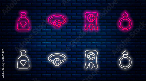 Set line Diamond engagement ring, Tooth with diamond, Bag gems and . Glowing neon icon on brick wall. Vector