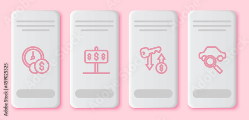 Set line Time is money, House with dollar, Rent key and Car sharing. White rectangle button. Vector