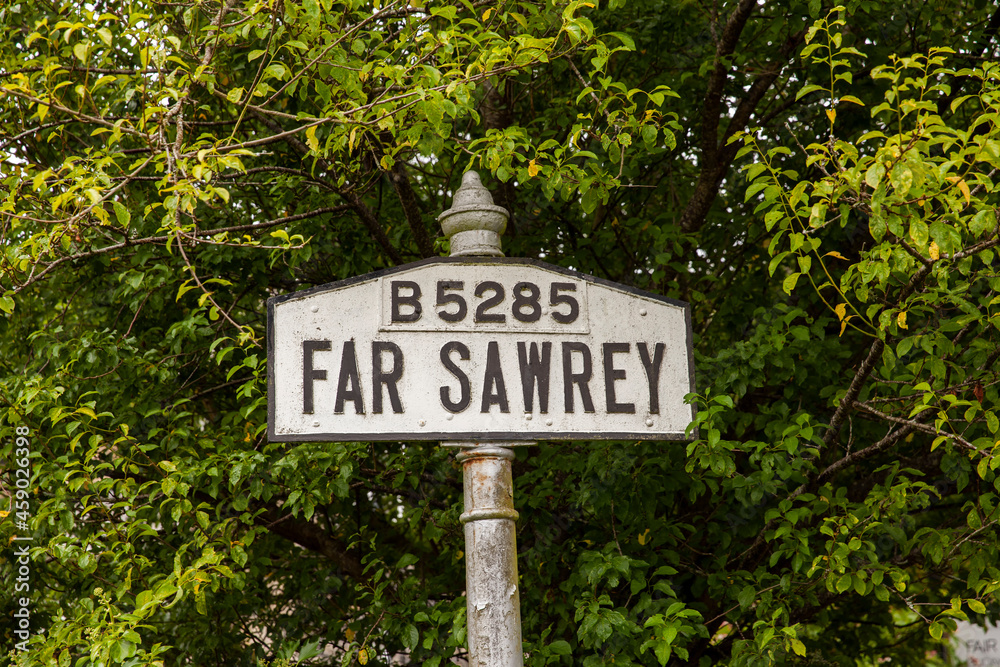 Sign for the village of Far Sawrey, besides Near Sawrey,where Beatrix Potter lived.A picturesque area in the English Lake District.