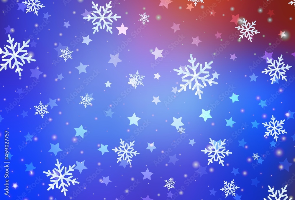Light Blue, Red vector background with beautiful snowflakes, stars.